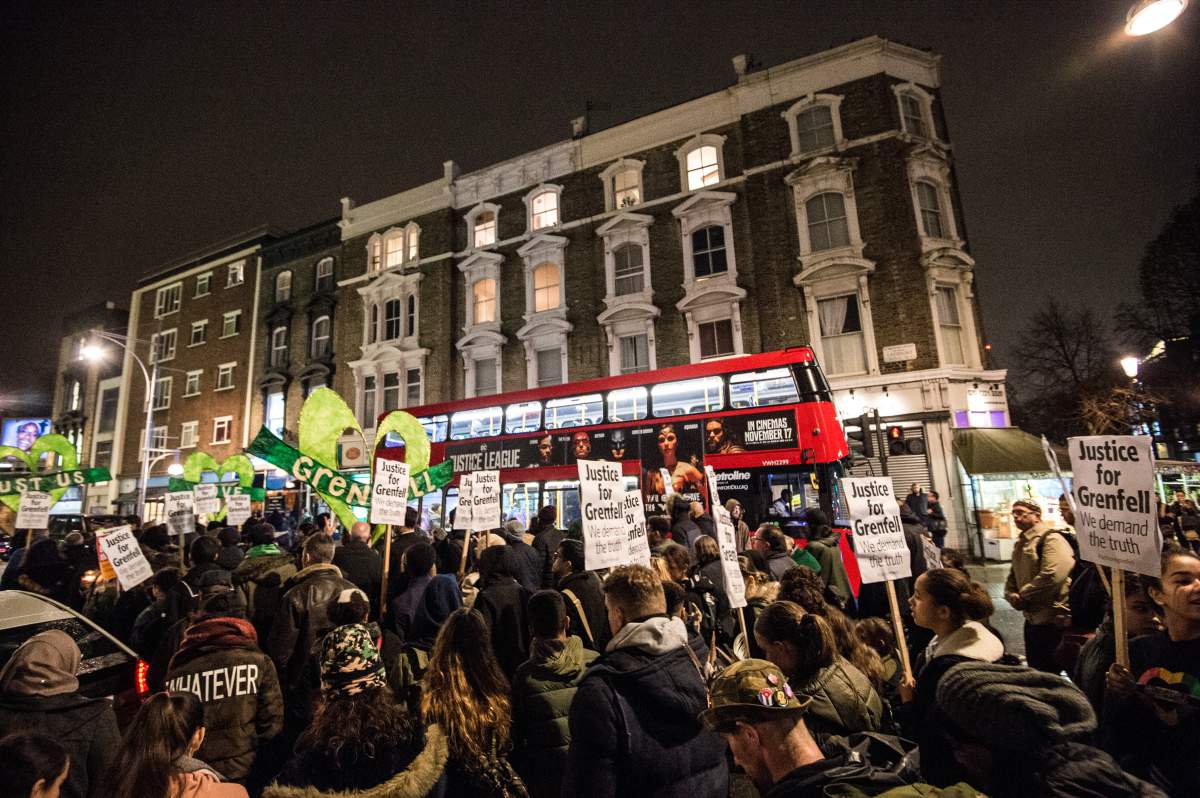 Local people seen during the monthly silent march for the Grenfell Tower fire victims. (Photo by Brais G Rouco/SOPA Images/LightRocket via Getty Images)