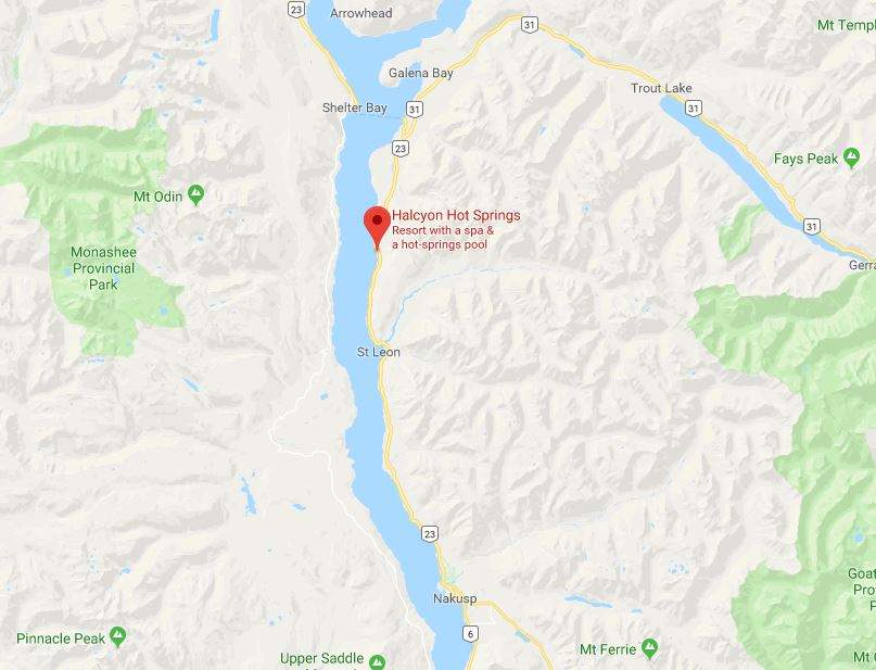 Halcyon Hot Springs is located north of Nakusp.