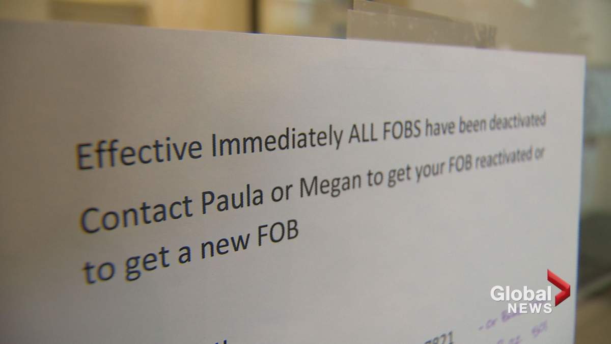 A sign at The York apartment building in downtown Calgary advises residents their key fobs have been deactivated.