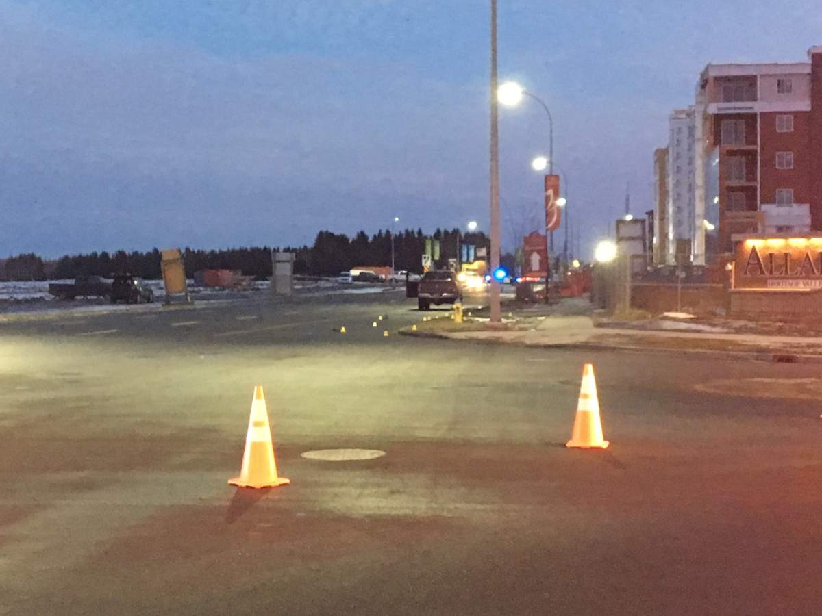 A woman was taken to hospital with life-threatening injuries after being hit by a truck on James Mowatt Trail SW at Desrochers Gate, in southwest Edmonton’s Allard neighbourhood on Tuesday, Dec. 12, 2017.