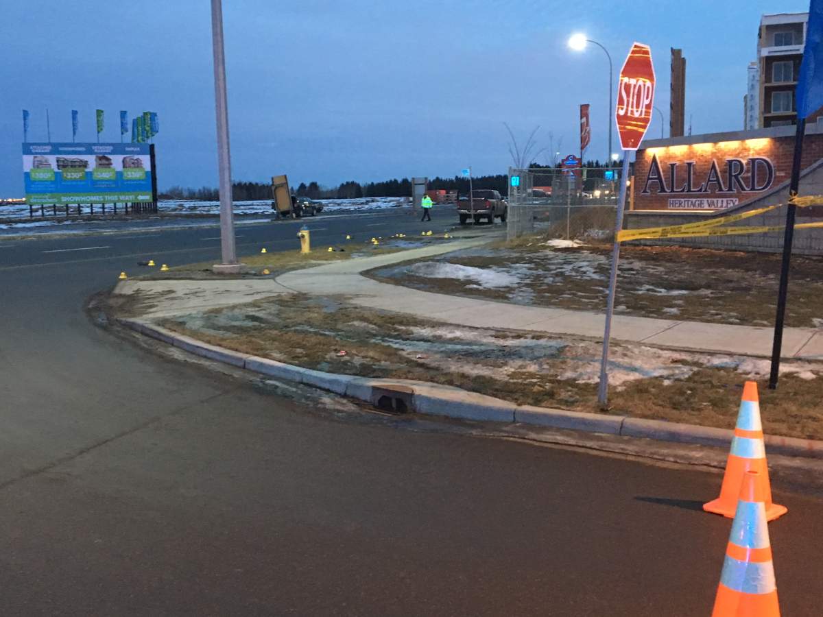 A woman was taken to hospital with life-threatening injuries after being hit by a truck on James Mowatt Trail SW at Desrochers Gate, in southwest Edmonton’s Allard neighbourhood. Tuesday, December 12, 2017.