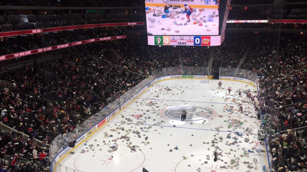 A big show of support for 630 CHED Santas Anonymous at the Oil Kings Teddy Bear Toss on Dec. 2, 2017.