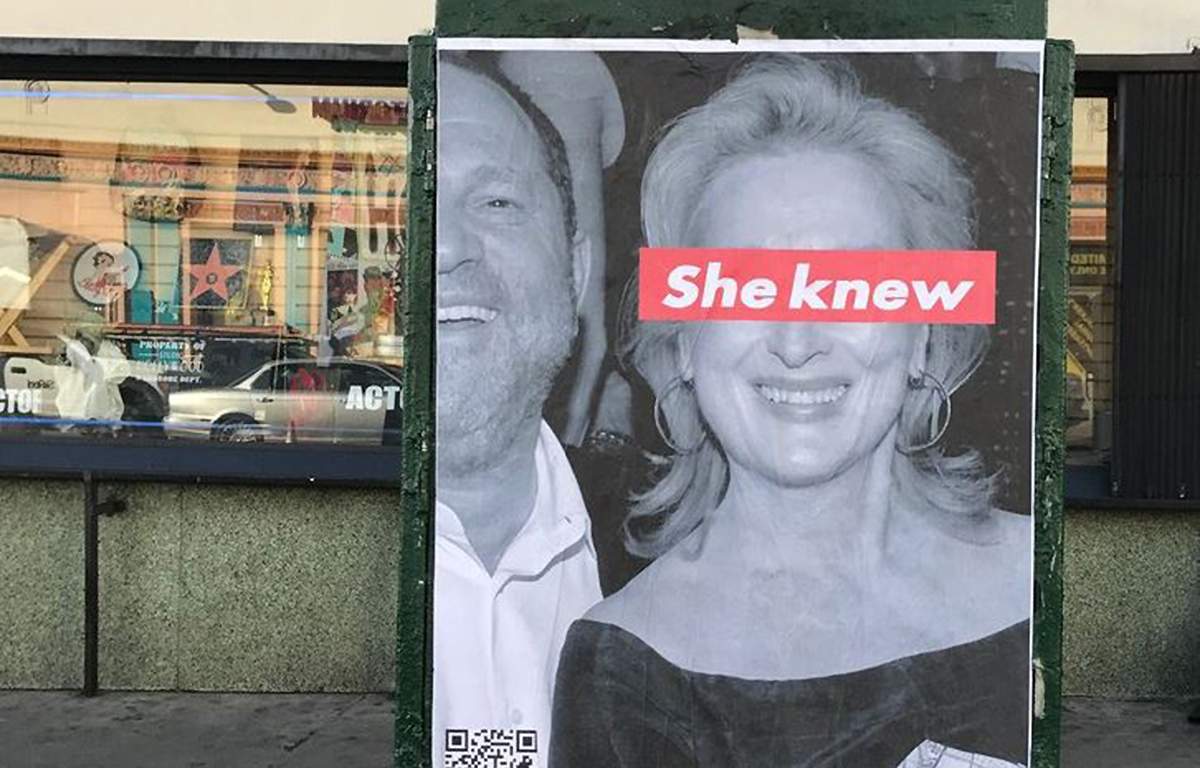 A Meryl Streep “She Knew” poster on a bus shelter in Los Angeles.