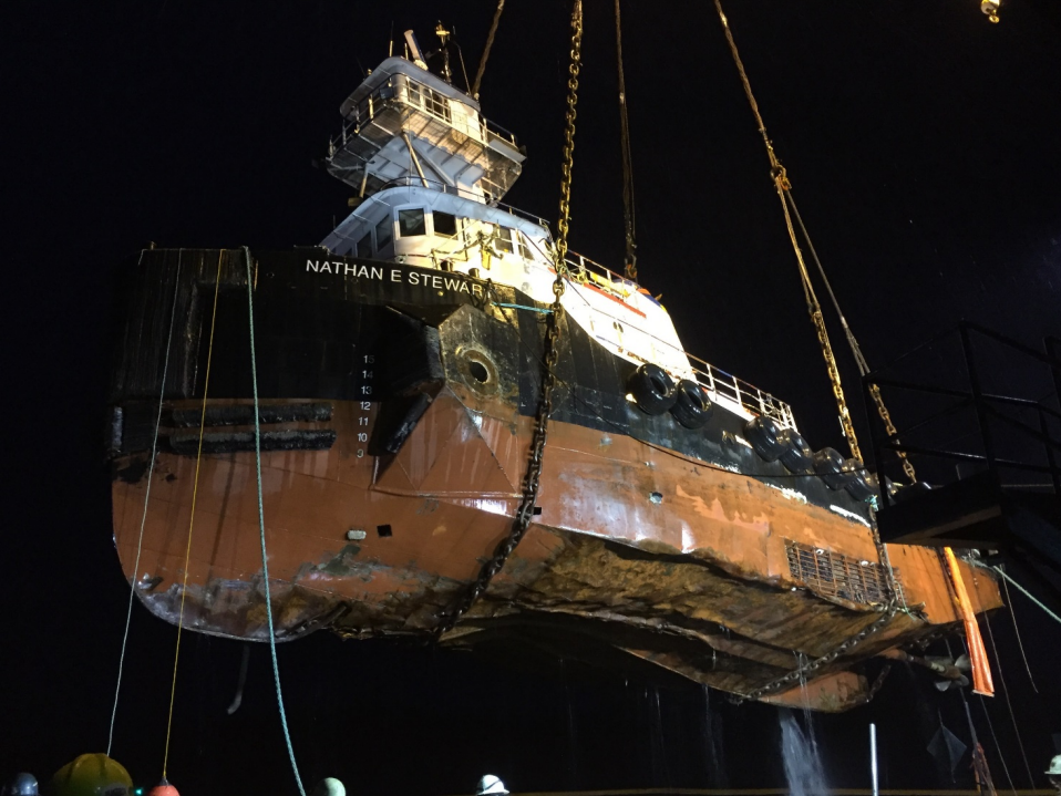 The Nathan E Stewart, a tug that ran aground off Athlone Island near Bella Bella on Oct. 13, 2016, causing a massive fuel spill.