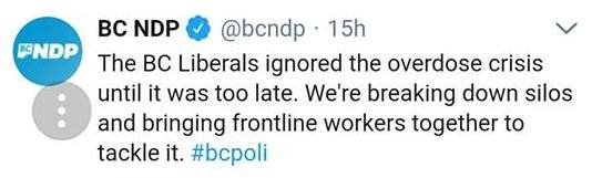 NDP minister apologizes over tweet accusing BC Liberals of ‘ignoring the overdose crisis’ - image