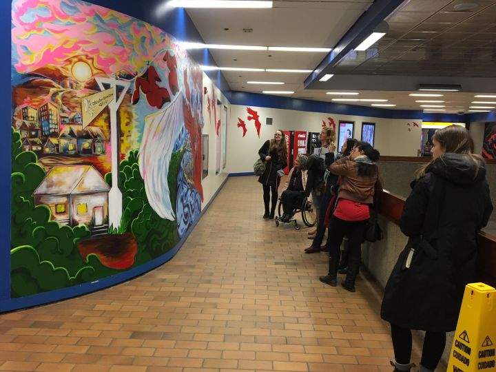 The installation, a tribute to missing Aboriginal women in the city, is one of six murals to be painted in LRT stations across Edmonton. 