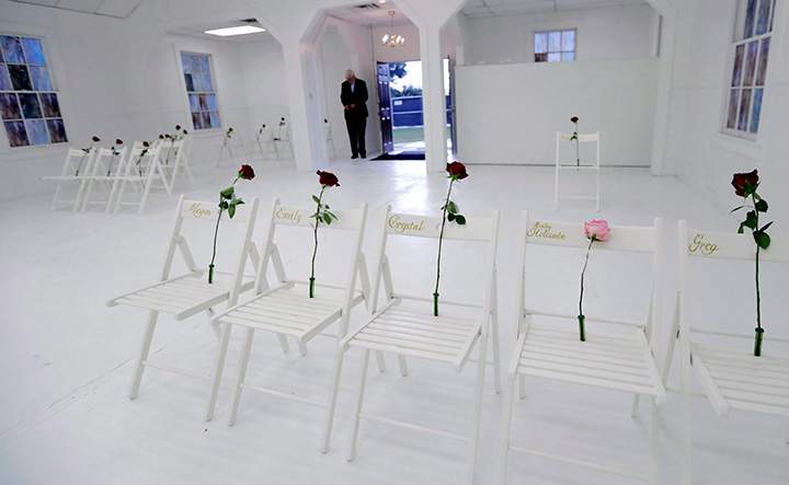 A memorial for the victims of the shooting at Sutherland Springs First Baptist Church is displayed in the church on Nov. 12, 2017, in Texas.