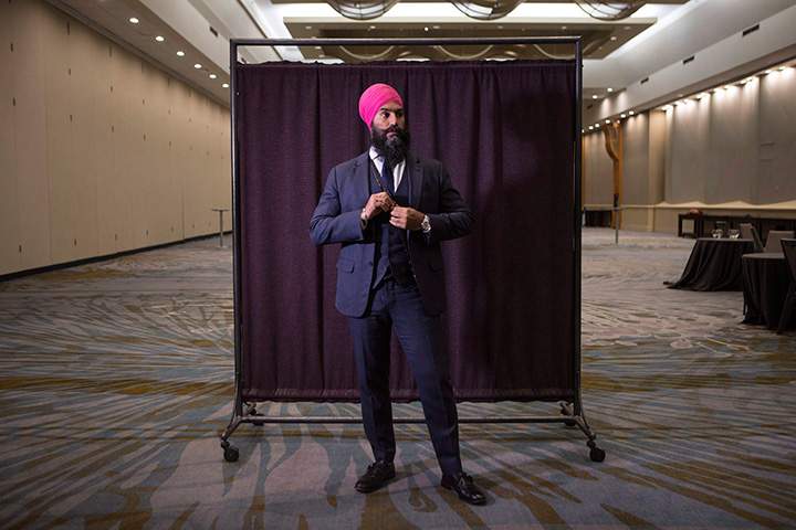 Jagmeet Singh poses for a photograph following the first ballot in the NDP leadership race in Toronto on October 1, 2017.