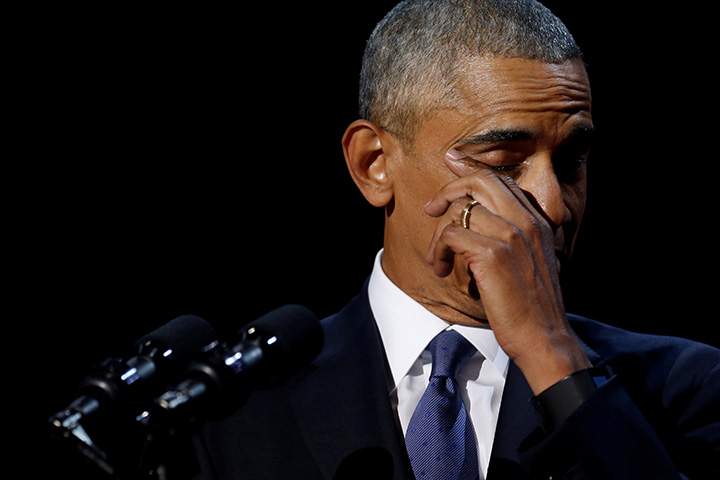 U.S. President Barack Obama wipes away tears as he delivers his farewell address in Chicago, Illinois, January 10, 2017.