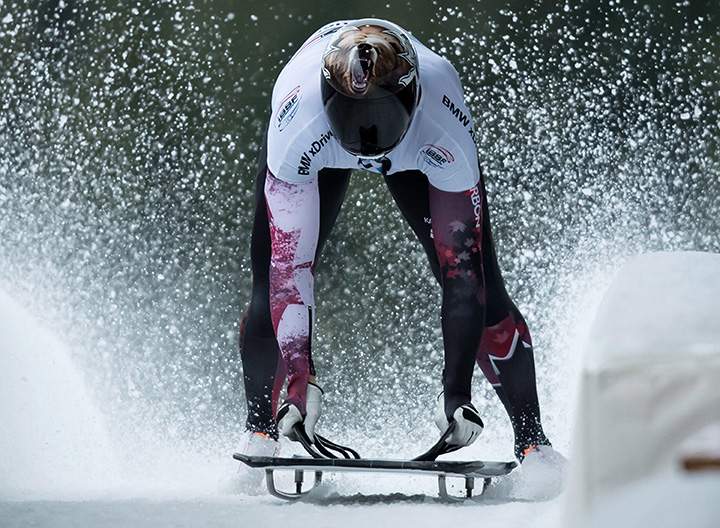 Canada’s Dave Greszczyszyn comes to a stop after racing to a seventh-place finish during a World Cup Skeleton race in Whistler, B.C., on Saturday November 25, 2017.