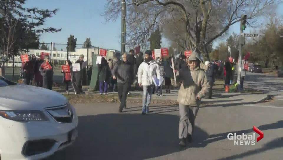 Protesters against a modular housing project in Vancouver’s Marpole neighbourhood.