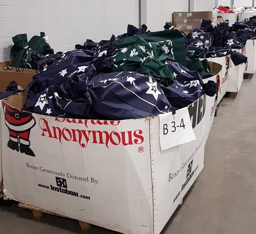 Wrapped gifts at 630 CHED Santas Anonymous depot.