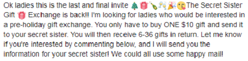 ‘Secret sister’ gift exchange on Facebook likely to leave you empty handed - image