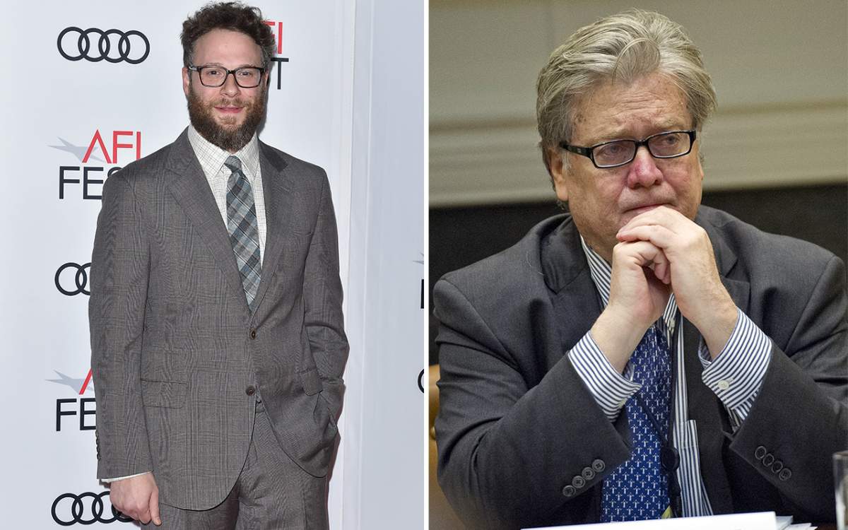 Actor Seth Rogen (L) drops SiriusXM interviews in protest of Steve Bannon (R) getting a program.