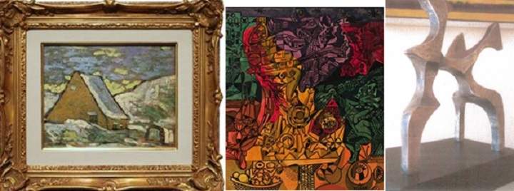 From left to right, a painting byMarc-Aurèle Fortin, a painting by Alfred Pellan and a sculpture by Jacques Huet. All three works of art were stolen in Montreal between the months of May and October.