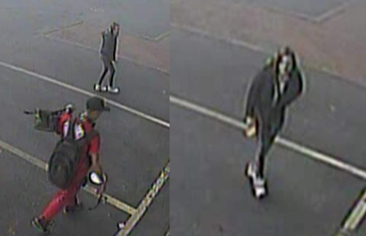 Surrey RCMP released surveillance footage of two people in connection with the hockey shop fire.