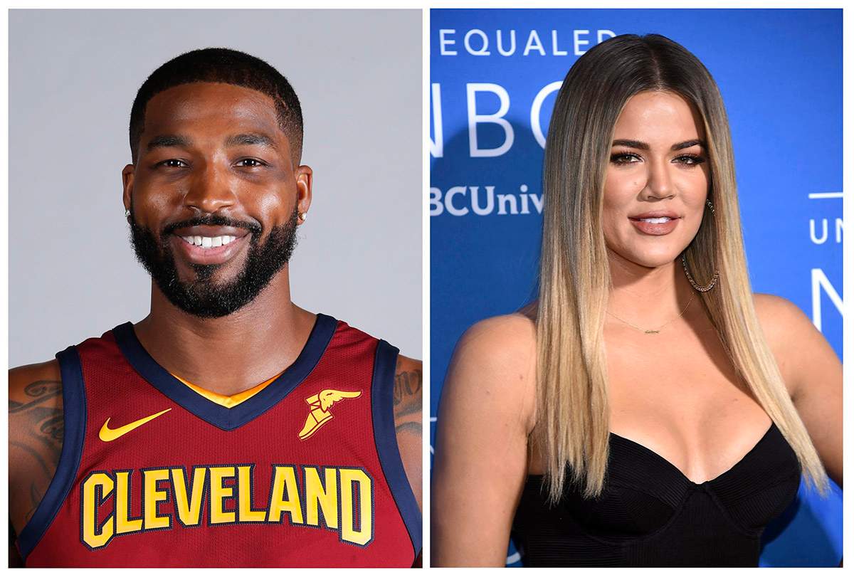 This combination photo shows television personality Khloe Kardashian at the NBCUniversal Network 2017 Upfront at Radio City Music Hall in New York on May 15, 2017, right, and Cleveland Cavaliers' Tristan Thompson at the NBA basketball team media day in Independence, Ohio, on Sept. 25, 2017, left. 