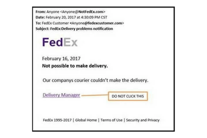 This is a sample of what a fake FedEx email may look like.