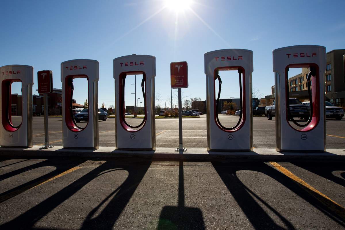Tesla Motors recharging units at King's Crossing Fashion Outlet, Kingston, Ont., on Tuesday Nov. 3, 2015. 