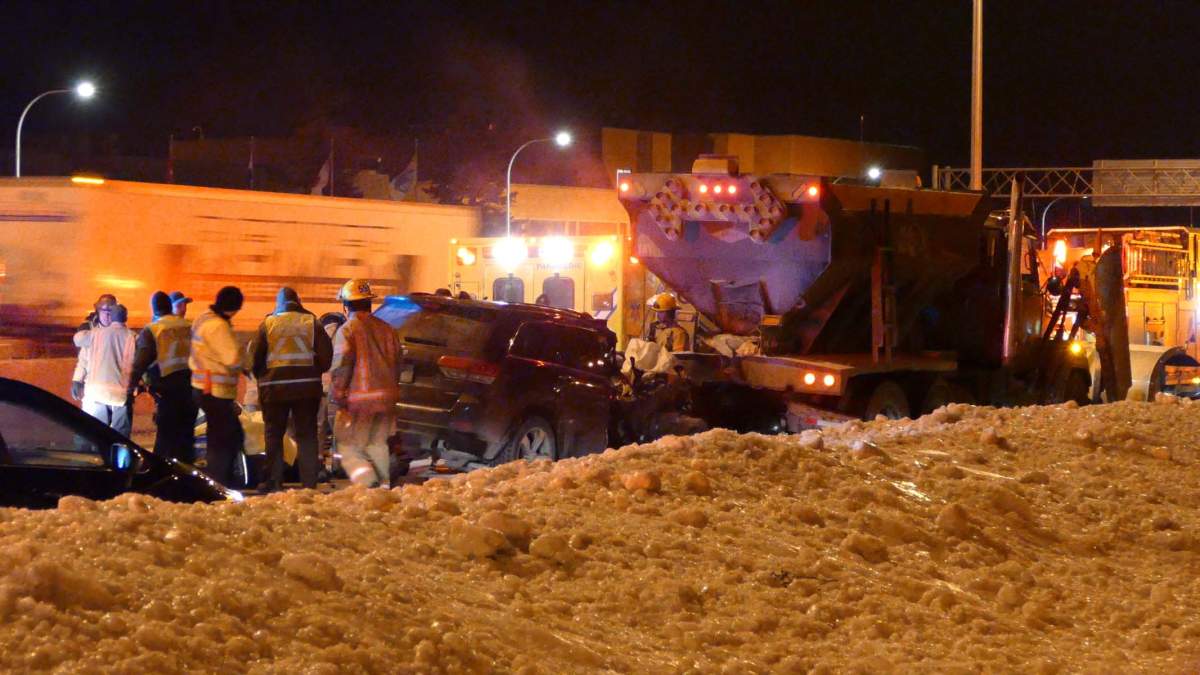 First responders on the scene after a 23-year-old driver crashed into a snow plow on Highway 40 in Kirkland, Friday, Jan. 26, 2018.