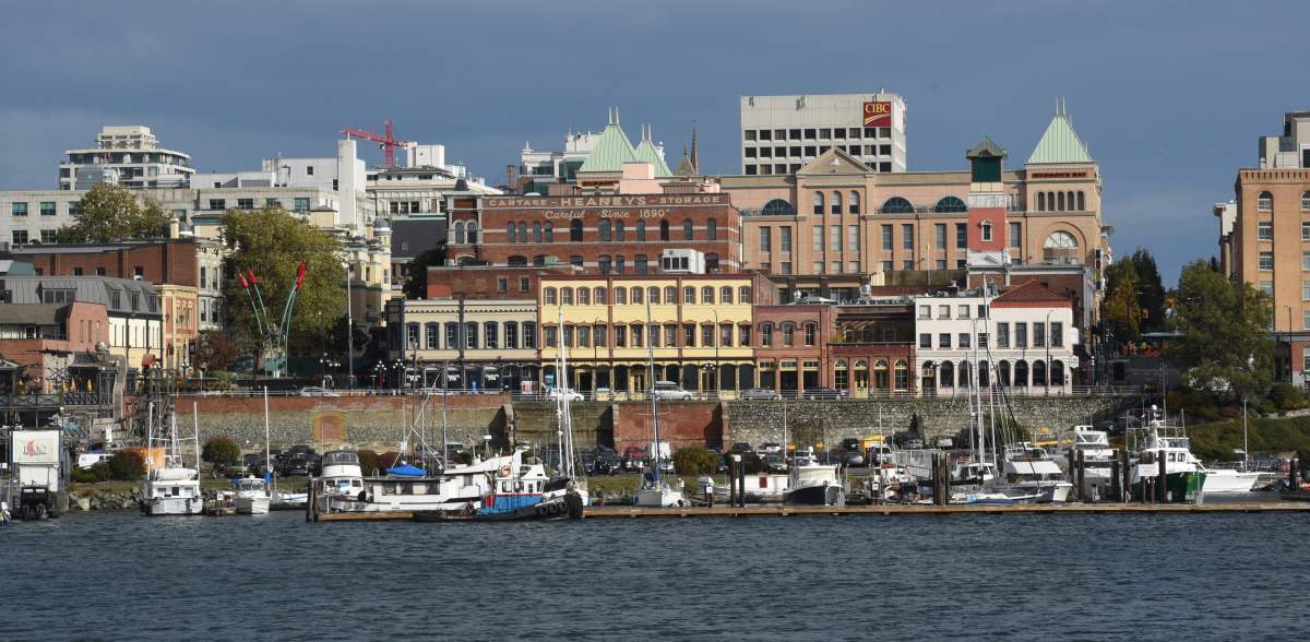 The buildings on the skyline of downtown Victoria, British Columbia as seen across the Inner Harbour on September 20, 2017.