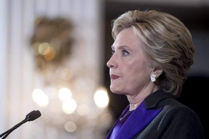  In this Nov. 9, 2016, file photo, Hillary Clinton pauses while delivering a speech conceding her defeat to Republican Donald Trump.