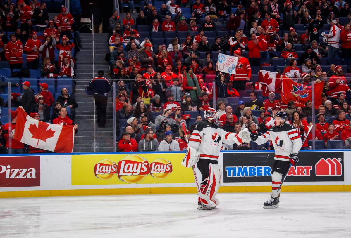Canada’s Cale Makar, right, celebrates his goal with goalie Carter Hart during second period IIHF World Junior Championship preliminary action against Denmark, in Buffalo, N.Y., Saturday, December 30, 2017.