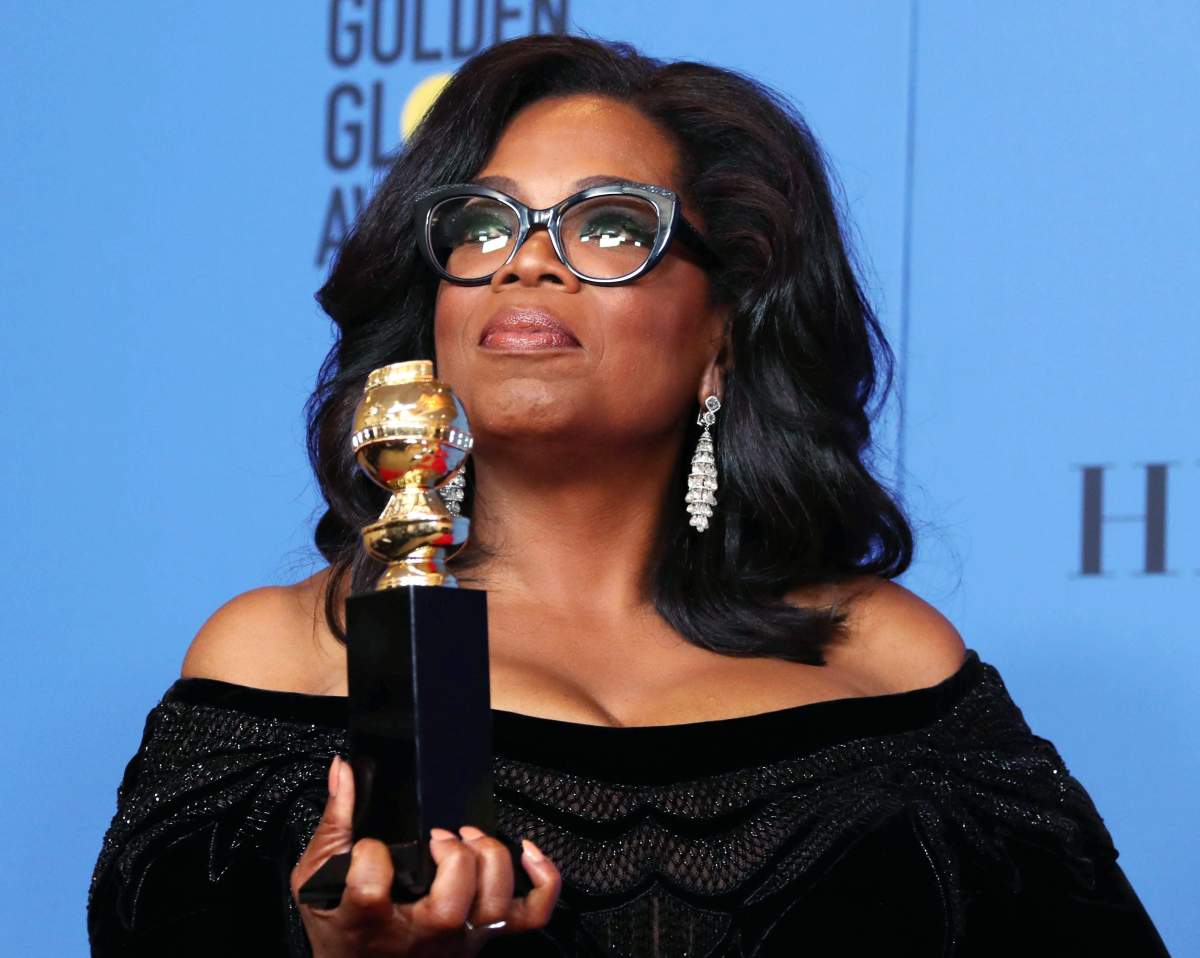 Oprah Winfrey holds the 2018 Golden Globe Cecil B. DeMille Award in the press room during the 75th annual Golden Globe Awards ceremony at the Beverly Hilton Hotel in Beverly Hills, California, USA, 07 Jan. 2018.