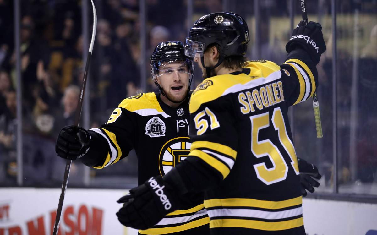 Boston Bruins center Ryan Spooner is congratulated by defenseman Matt Grzelcyk after his second period goal. Wednesday, Jan. 17, 2018.