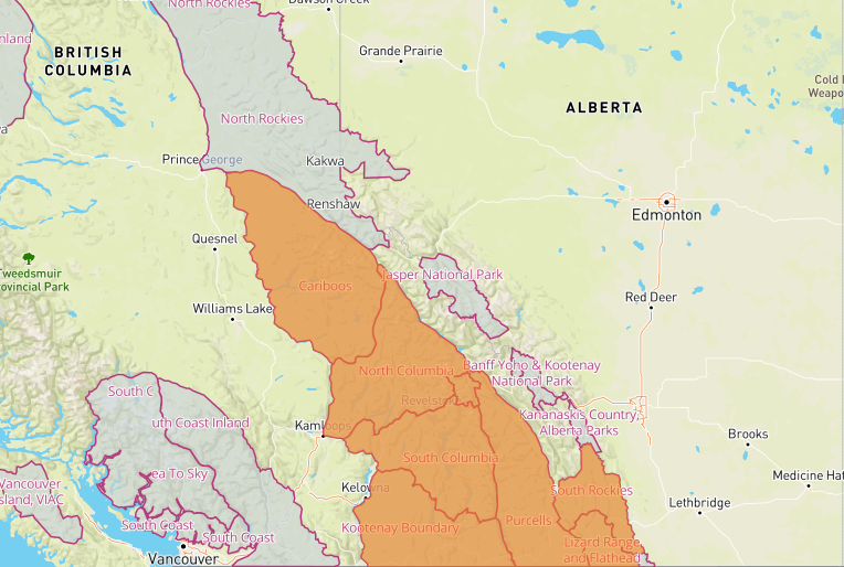 Special avalanche warning issued for much of B.C. interior ranges .