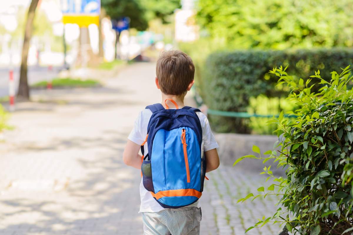 A school boy walks home.
