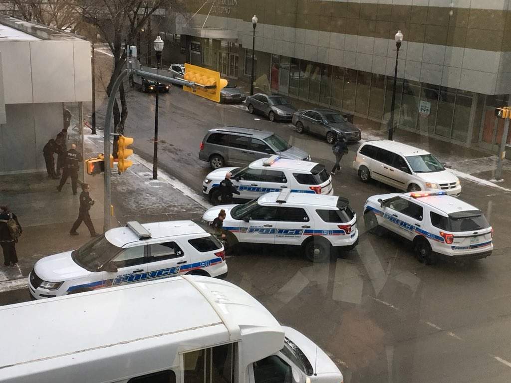 Regina police respond to an apparent bear-spray incident in downtown Regina Tuesday morning. 