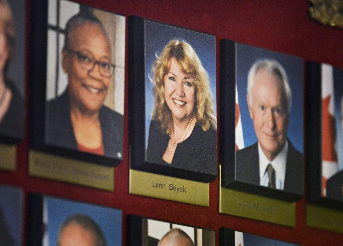 A picture of Conservative Senator Lynn Beyak hangs in a hallway on Parliament Hill in Ottawa on Thursday, September 21, 2017. 