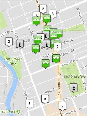 London police released this image of a map showing more than 25 locations of vehicle break-ins in the downtown core since Boxing Day 2017.