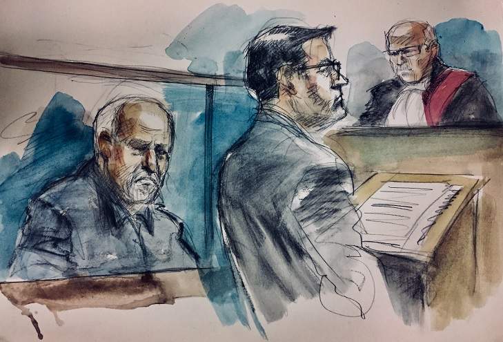 Court sketch of Bruce McArthur (left), Crown attorney Sean Doyle (centre), and Justice Howard Chisvin (top right), in a Toronto court on Jan. 19, 2018.