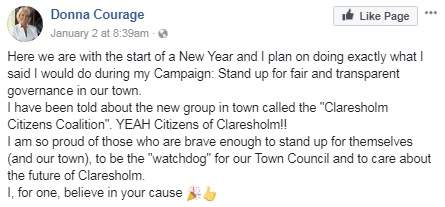 A Facebook post from Donna Courage showing her support of the Claresholm Citizens Coalition.