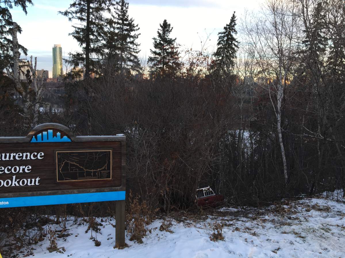A Dodge truck veered off the road and rolled down into the North Saskatchewan River valley near the Laurence Decore Lookout, after a collision with a pedestrian on Emily Murphy Park Road/ Saskatchewan Drive and 116 Street. January 4, 2018.