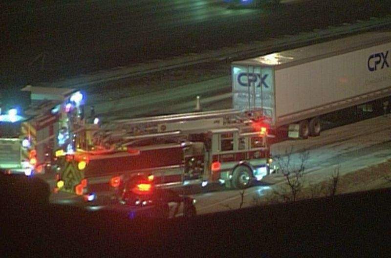 Emergency crews respond to a smoking semi-trailer on Deerfoot Trail north of Memorial Drive on Monday, Jan. 22, 2018. 