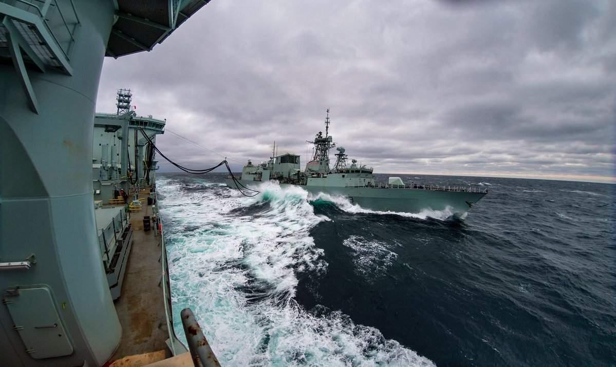 FILE - MS Asterix transfers fuel for the first time to HMCS Toronto on Jan. 15, 2017.