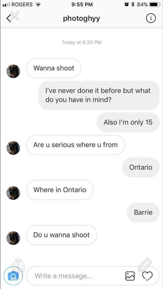 A screenshot of messages sent on Instagram between Kyle McLauchlan and a 15-year-old girl.