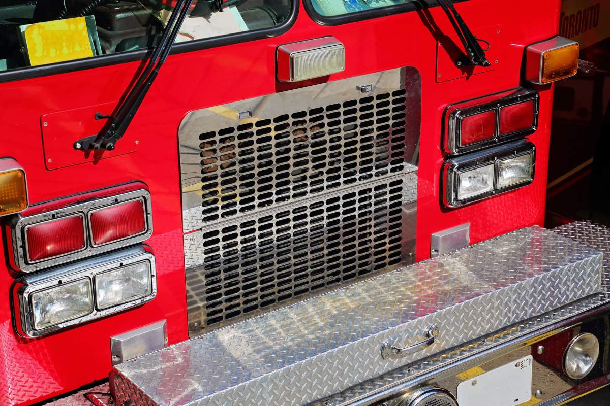 The front of a fire truck.