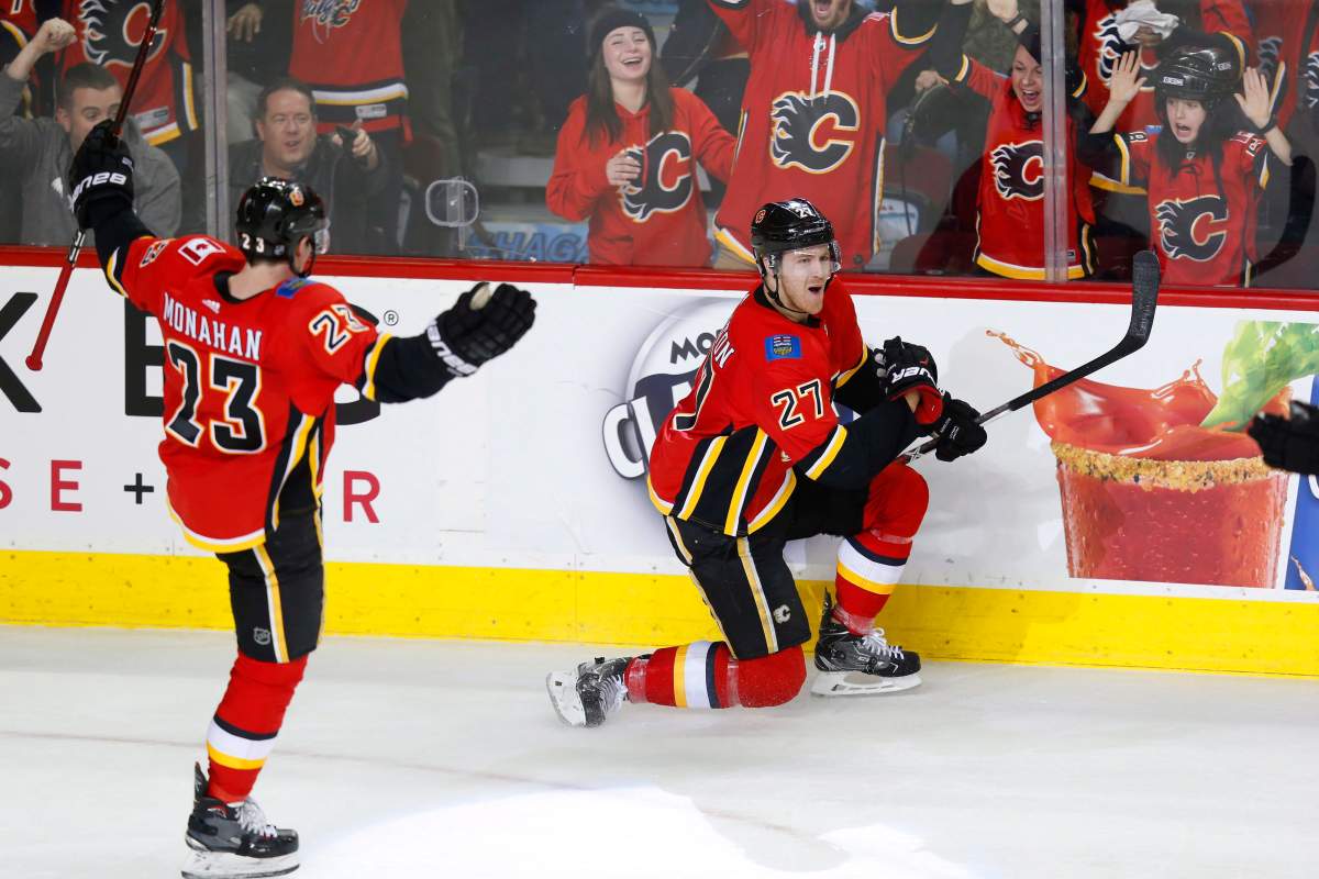 Calgary Flames defenceman Dougie Hamilton (27) celebrates his game winning goal with teammate Sean Monahan (23) during the third period of their NHL hockey game against the Anaheim Ducks in Calgary, Sunday, Jan. 7, 2018. THE CANADIAN PRESS/Todd Korol.