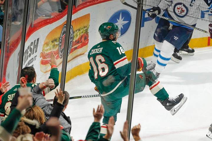 Jason Zucker of the Minnesota Wild celebrates after scoring a goal against the Winnipeg Jets at the Xcel Energy Center on Jan. 13, 2018 in St. Paul, Minnesota.
