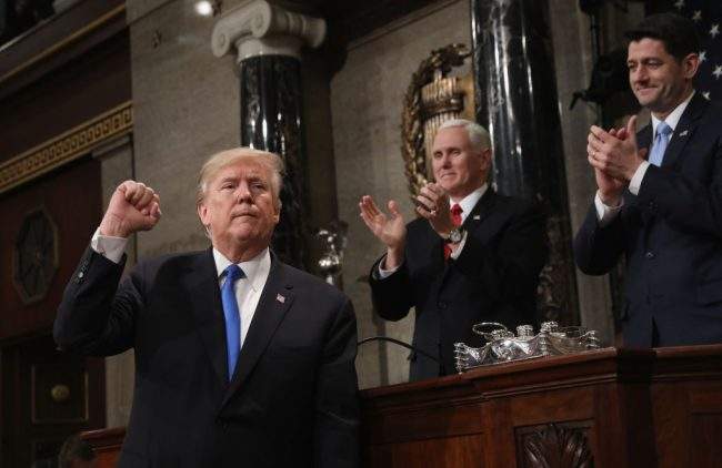 U.S. President Donald J. Trump gestures during the State of the Union address in the chamber of the U.S. House of Representatives Jan. 30, 2018 in Washington, DC.