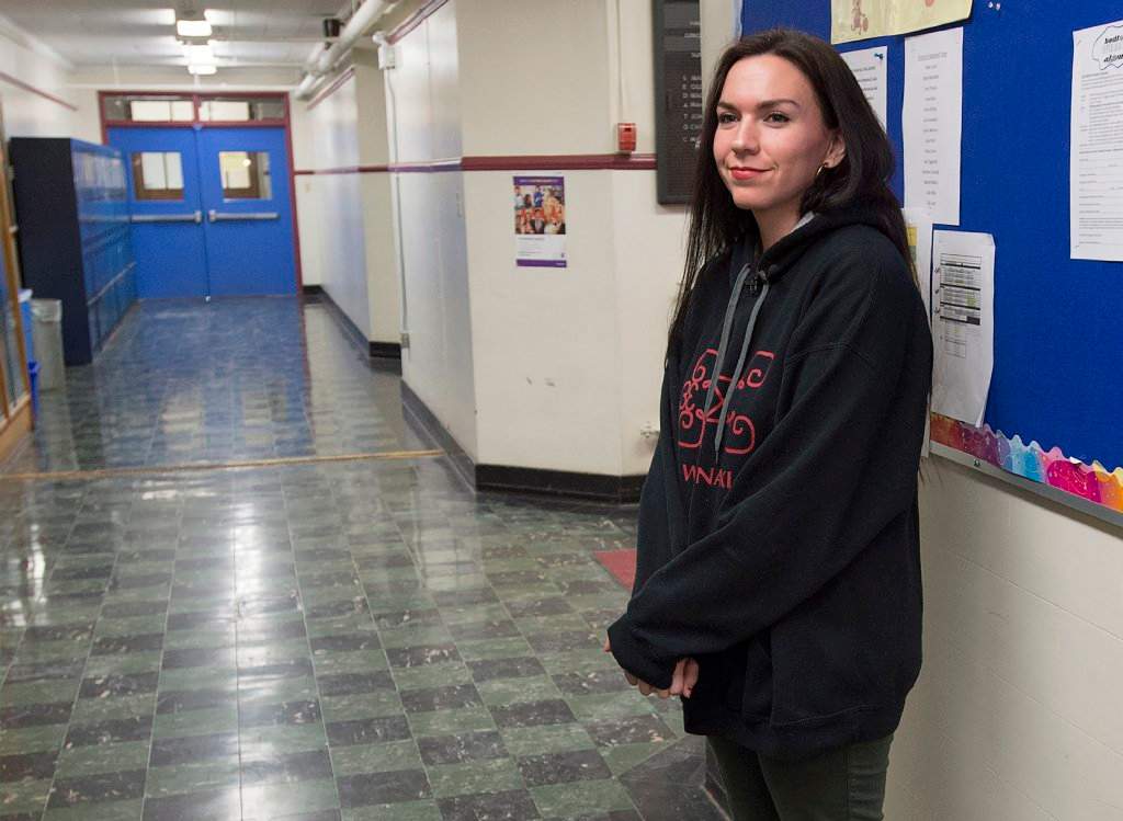 Rebecca Moore is seen at Halifax Central Junior High, formerly known as Cornwallis Junior High, in Halifax on Wednesday, Jan. 10, 2018. Moore addressed the student population during morning announcements. Edward Cornwallis, the British military officer who founded the city in 1749 and remains a controversial figure, issued a bounty on Mi'kmaq scalps during his term.