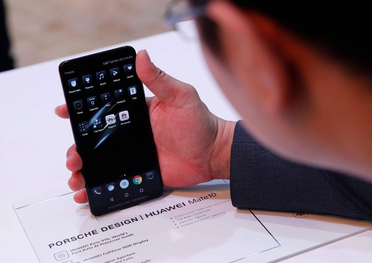 The Huawei Mate10 phone is on display at the Huawei booth during CES International, Tuesday, Jan. 9, 2018, in Las Vegas.