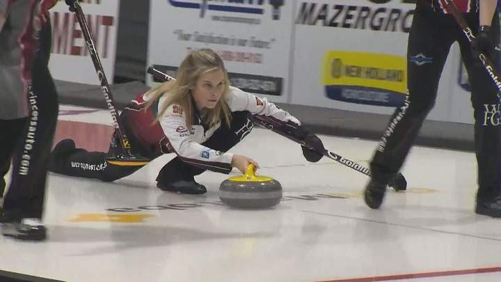 Jennifer Jones makes a shot during draw 10 of the Manitoba Scotties Tournament Of Hearts in Killarney.