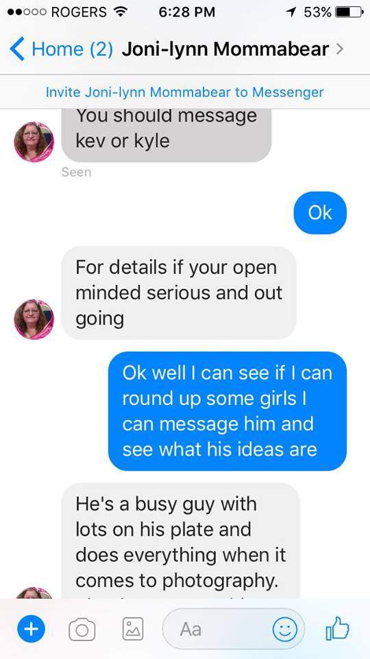 A screenshot of messages between a Facebook account with the name Joni-lynn Mommabear Porter and model Lexi Smith.