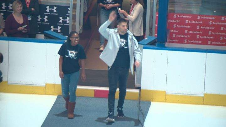 The Edmonton Oilers’ Patrick Maroon helps launch the 2018 edition of the Hockey Helps Kids Charity Cup Challenge.