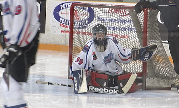 Robert Mcgregor makes a save in SHI action on Saturday, Jan. 27, 2018 at the Evinrude Centre